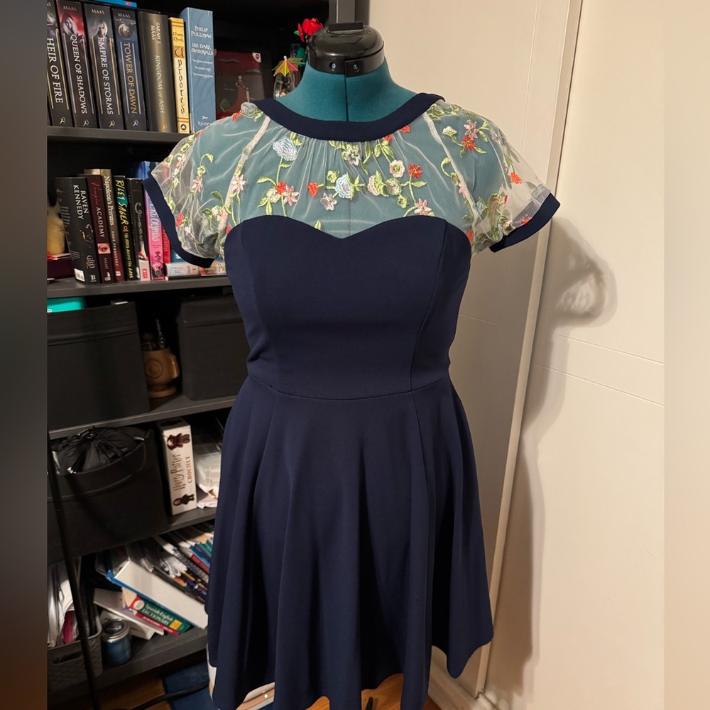 Navy Blue embroidered fit and flare dress